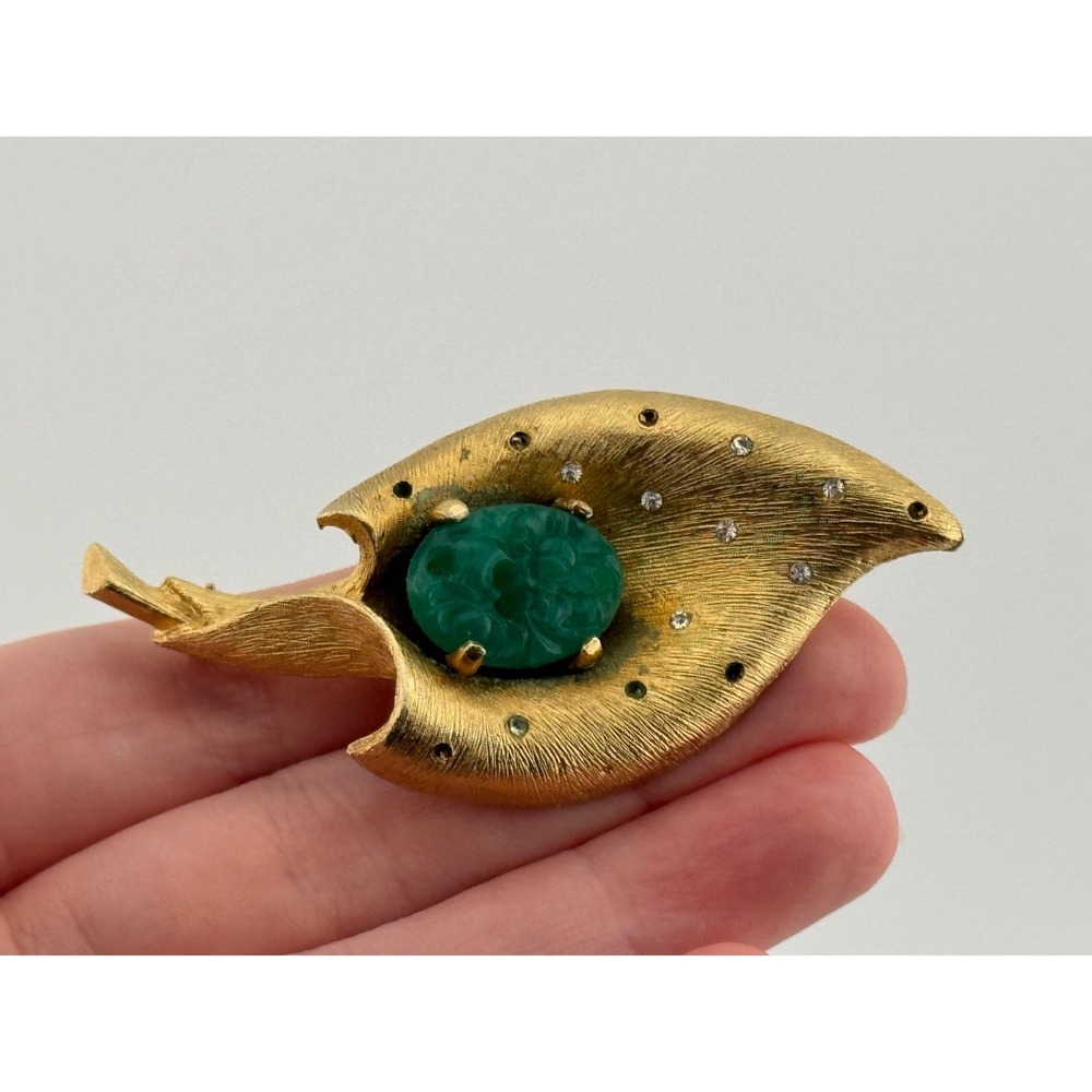 Vintage Calla Lily Brooch Rhinestone Gold Tone Green‎ Glass Pin AS IS Repair